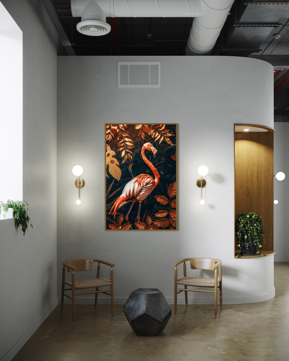 Elegant Pink Flamingo Golden Leaves Dark Tropical Luxury Wall Art - Image 4