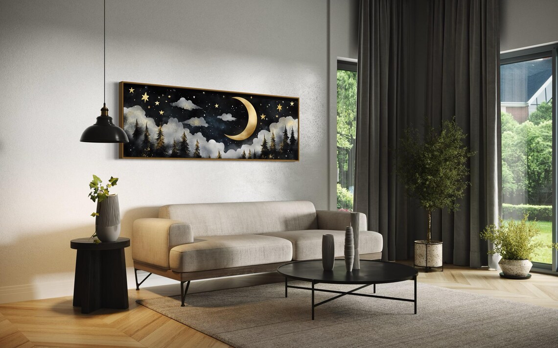 Crescent Moon Over Enchanted Forest Art Starry Night And Pine Tree Art Panoramic Print Perfect For Rustic Wall Decor - Image 2