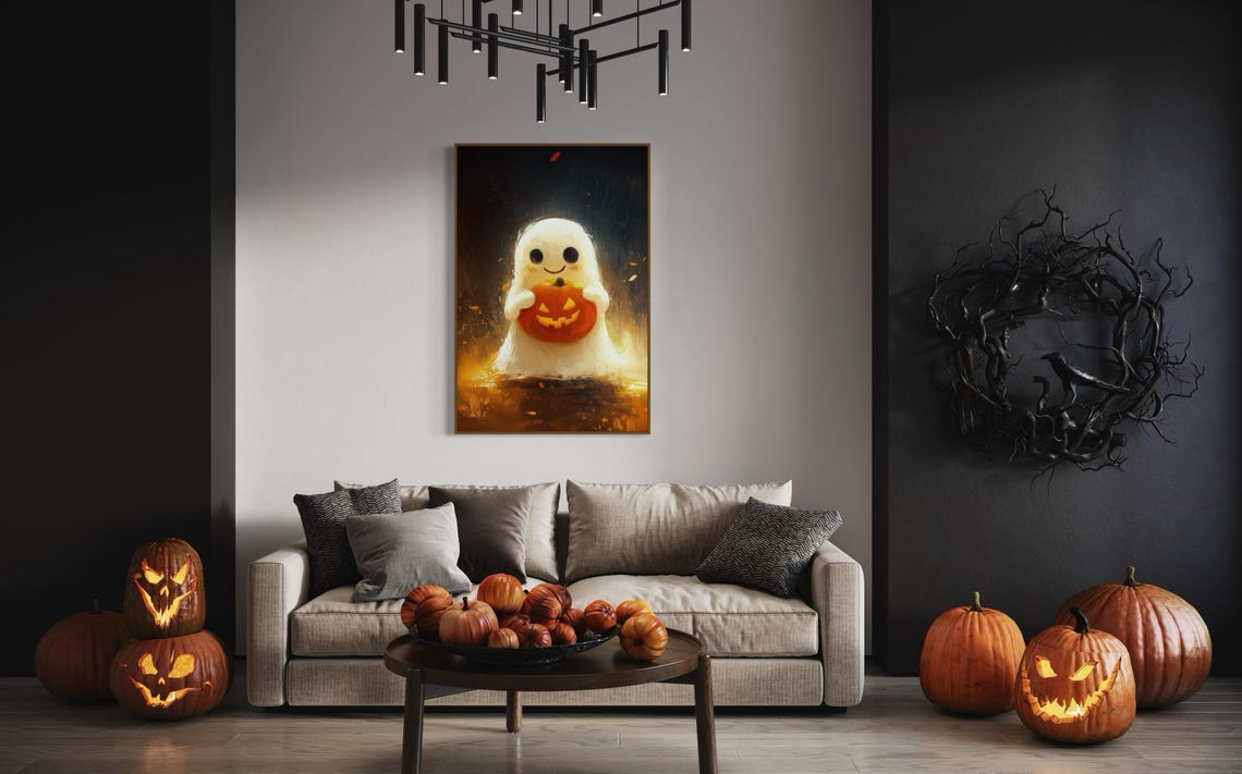 Cute Smiling Ghost Holding Pumpkin Jack O Lantern Halloween Art Print - Image 4