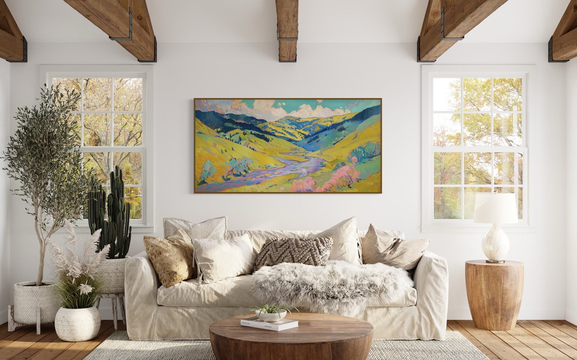 Whimsical Summer Landscape Panoramic Pastoral Landscape Print With Rustic Charm Expressive River Painting Print For Home Decore - Image 3