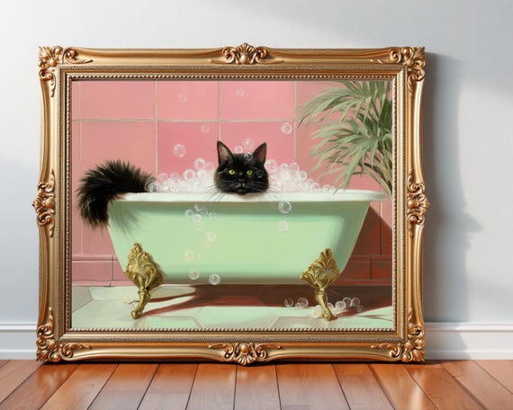 Funny Black Cat In Bubble Bath Vintage Bathroom Art Print