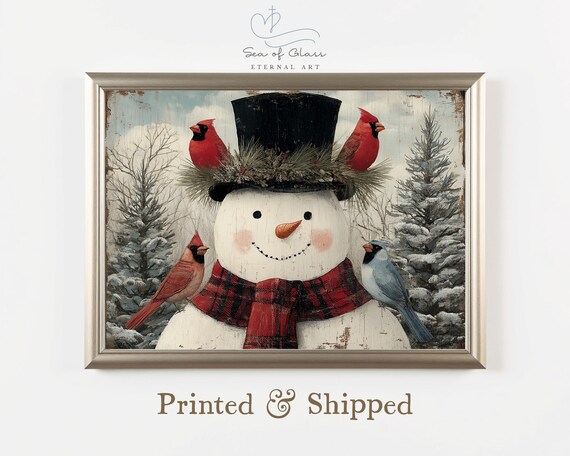 Folk Art Snowman Cardinals Top Hat Rustic Country Winter Holiday Print
