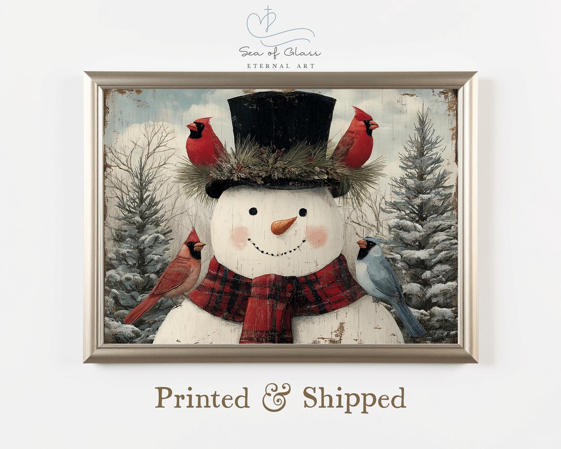 Folk Art Snowman Cardinals Top Hat Rustic Country Winter Holiday Print