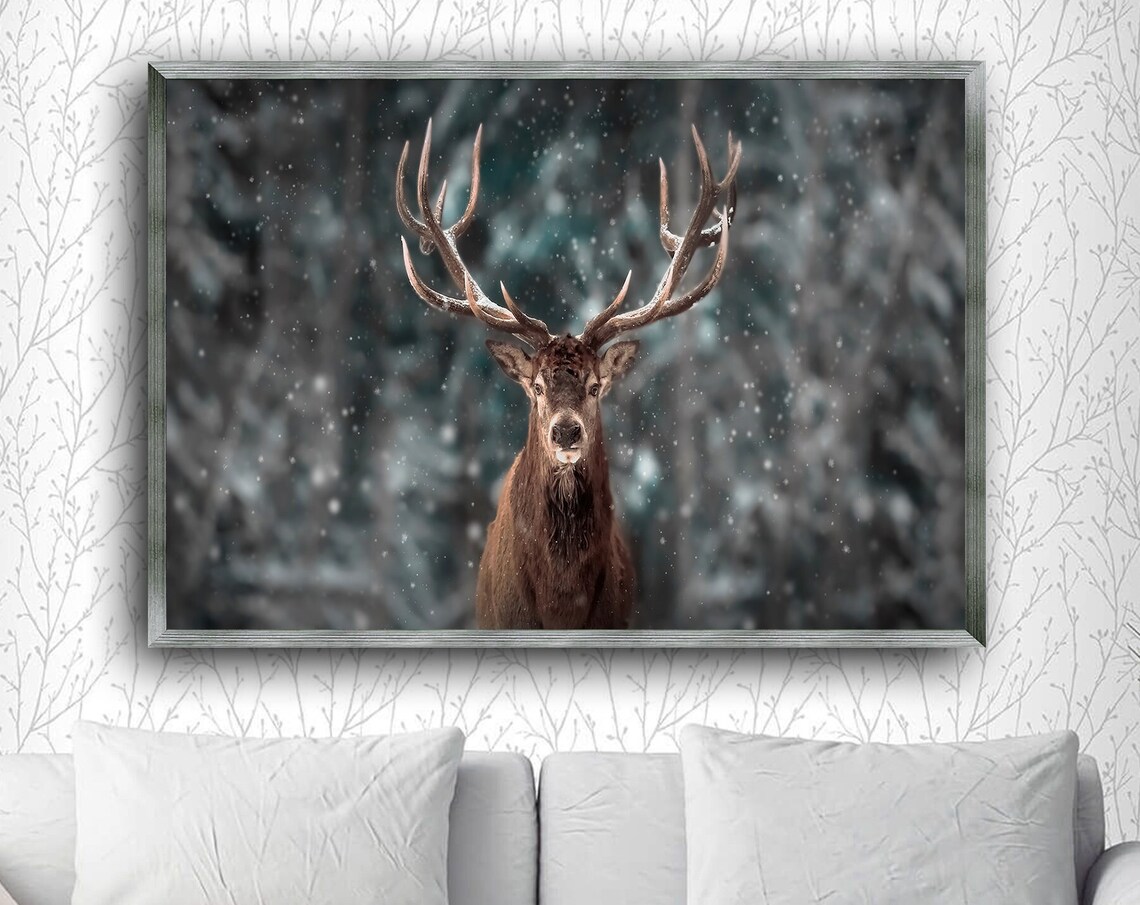 Majestic Stag In Winter, Rustic Nature Art Print