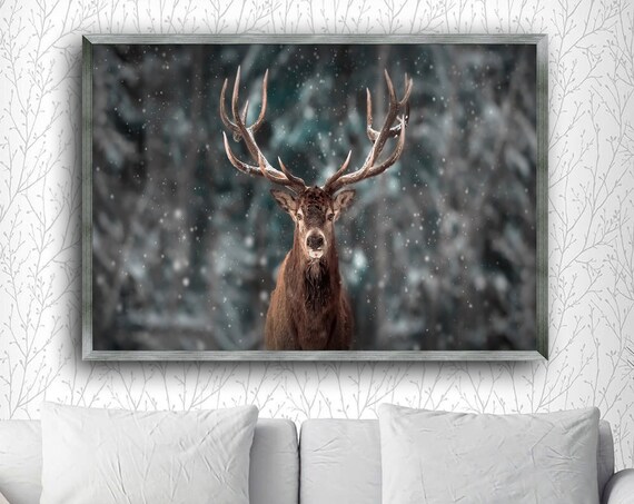 Majestic Stag In Winter, Rustic Nature Art Print