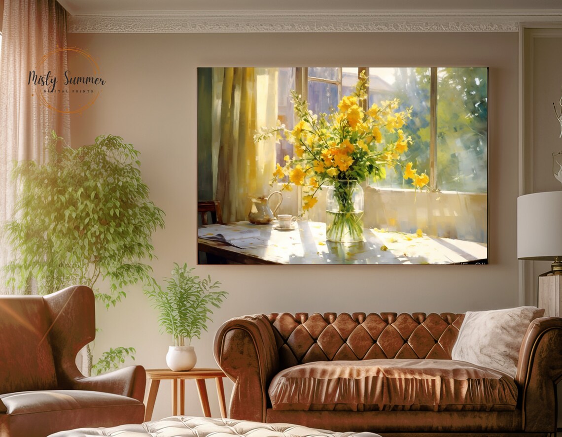 Watercolor Vase of Yellow Flowers, Sunny Window Art Print - Image 2