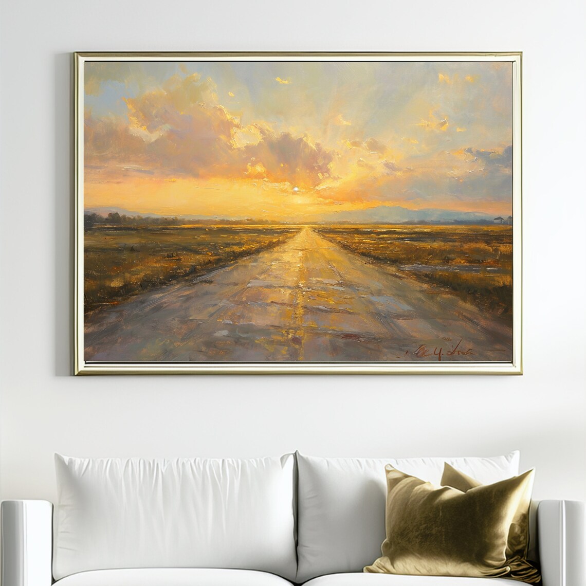 Country Road Sunset Golden Horizon Fields Clouds Vintage Oil Poster - Image 2