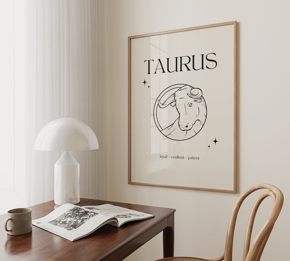Taurus Zodiac Sign Minimalist Bull Circle Line Art Cream Poster - Image 5