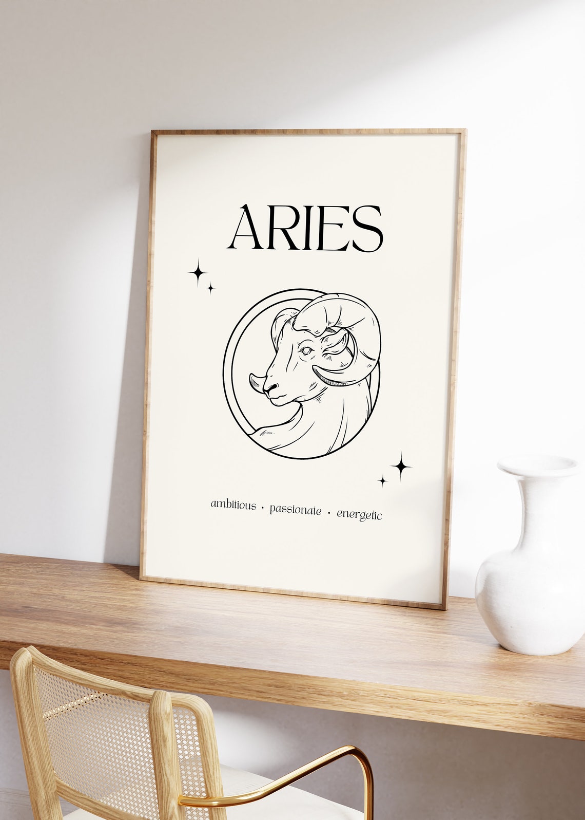Aries Zodiac Sign Minimalist Ram Circle Line Art Cream Poster - Image 4