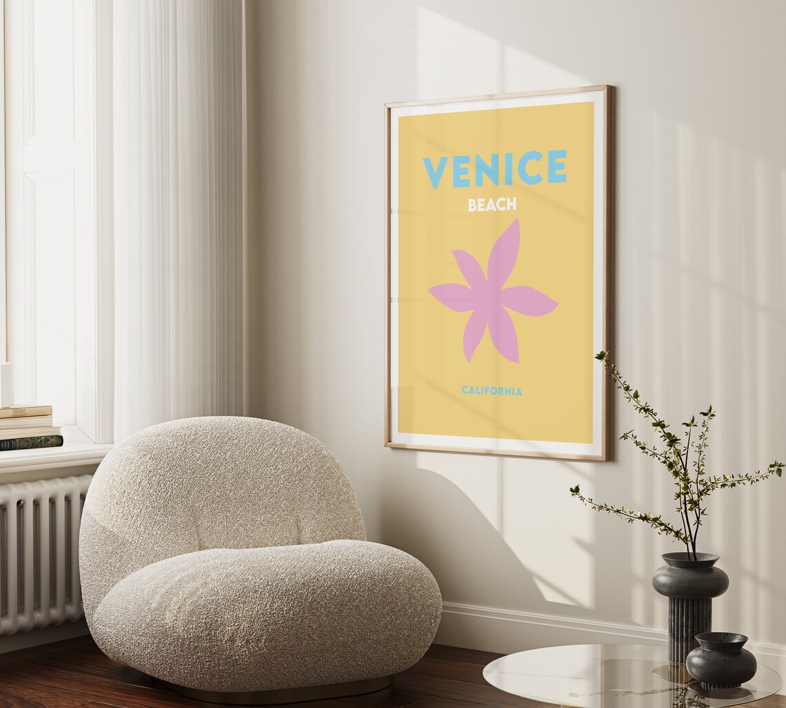 Venice Beach California Minimalist Yellow Pink Flower Poster - Image 2