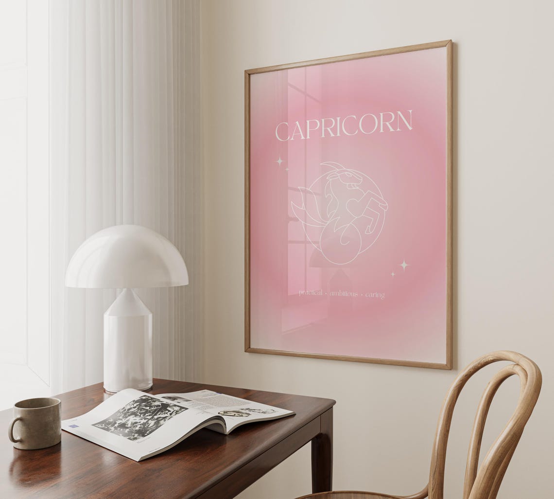 Capricorn Zodiac Sea Goat Pink Gradient Aura Line Art Poster - Image 3