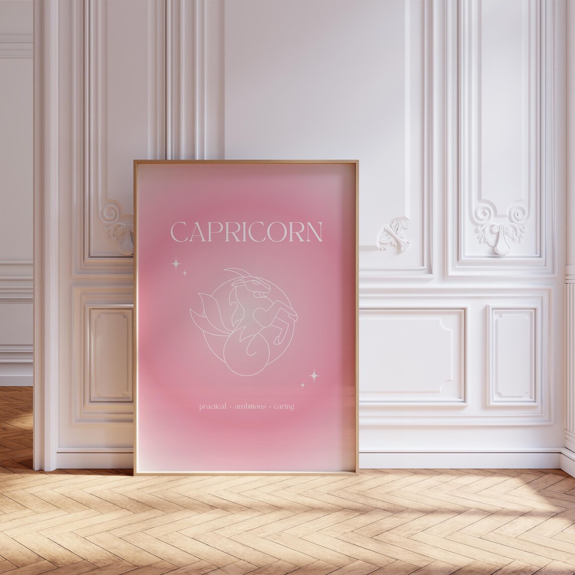 Capricorn Zodiac Sea Goat Pink Gradient Aura Line Art Poster - Image 2