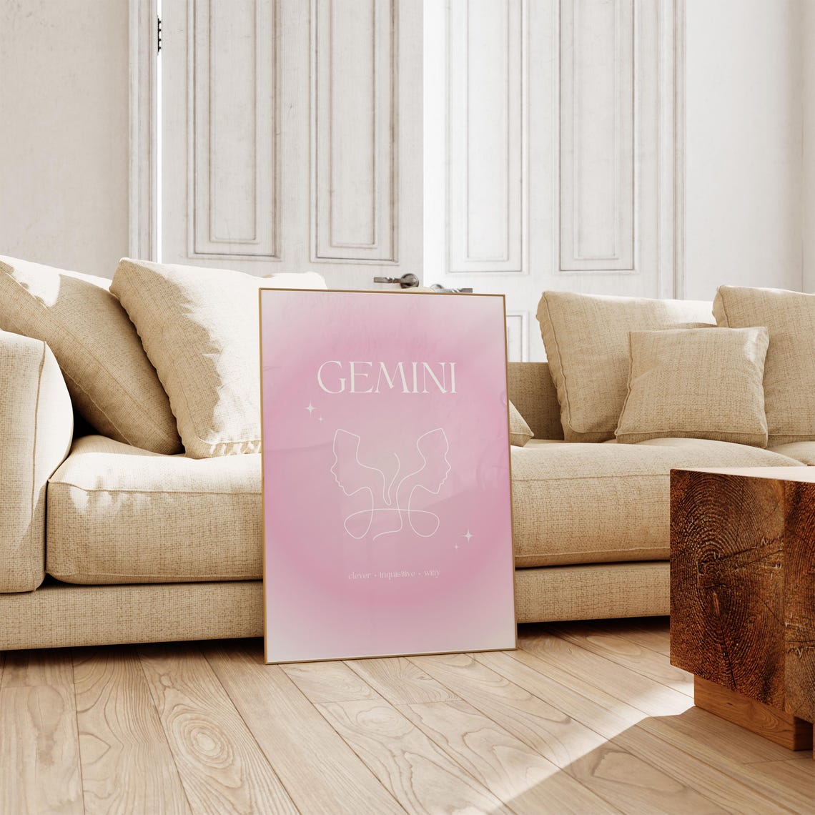 Gemini Zodiac Faces Pink Gradient Aura White Line Art Poster - Image 4