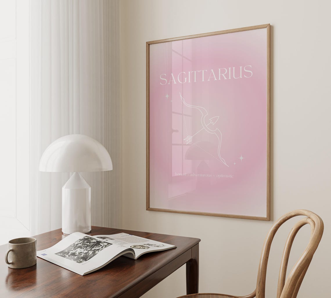 Sagittarius Zodiac Bow Arrow Pink Gradient Aura Line Art Poster - Image 3