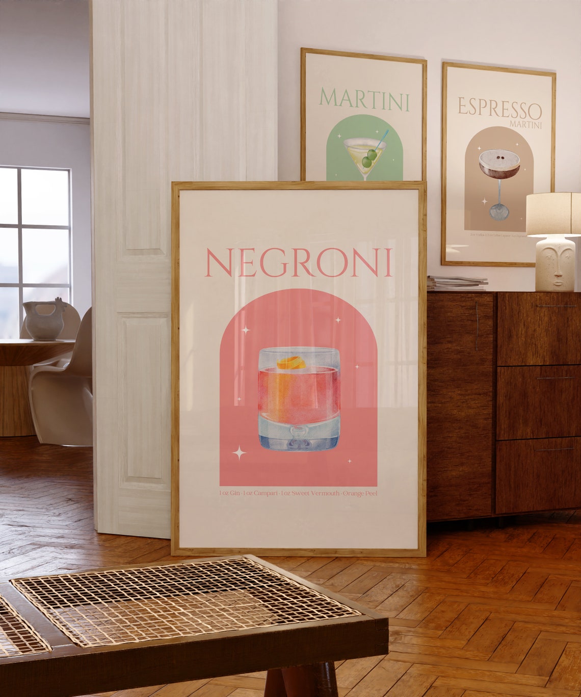 Negroni Cocktail Recipe Pink Arch Watercolor Orange Peel Poster