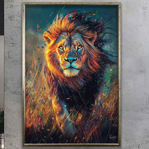 Lion Striding Through Tall Grass In Colorful Paint Splash Art Poster