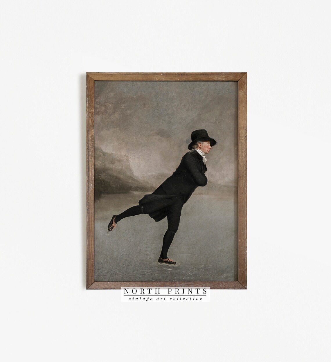 Vintage Dark Winter Wall Art Gentleman Skating Art Moody Neutral Holiday Decor 976 - Image 2