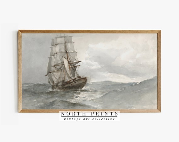 Nautical Ship Painting Art Print, Vintage Coastal Decor