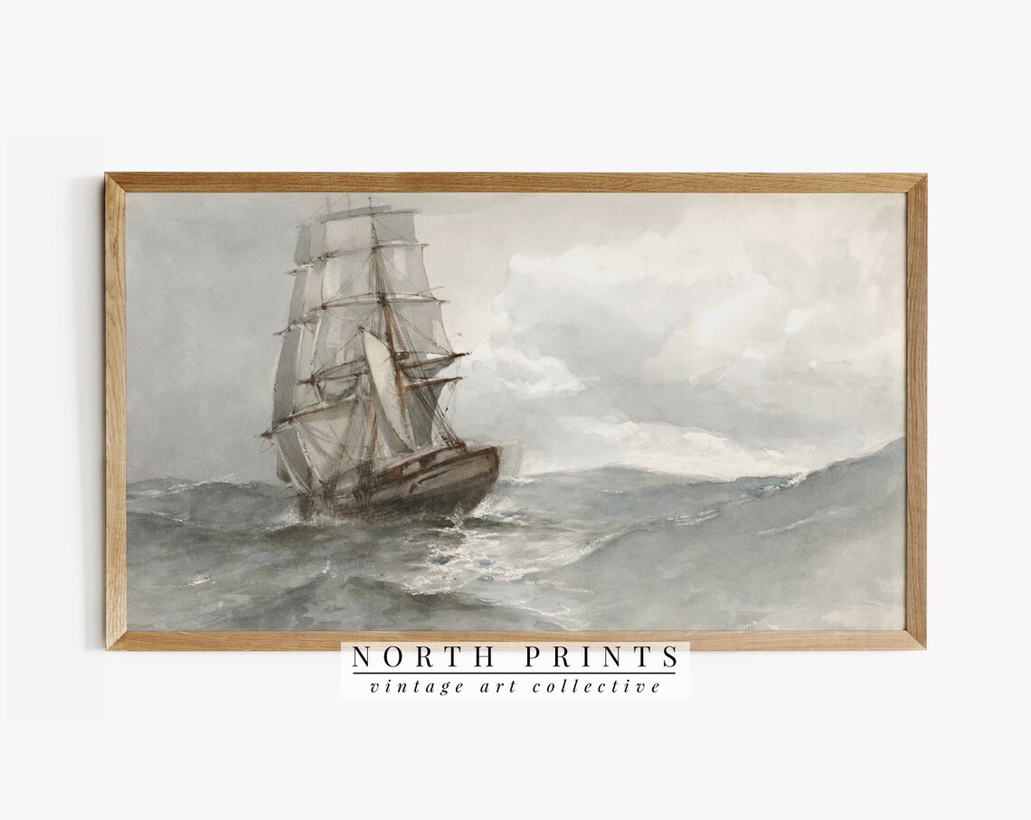 Nautical Ship Painting Art Print, Vintage Coastal Decor