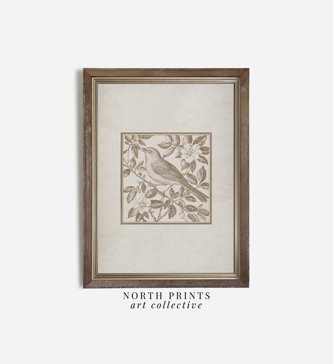 Antique Bird Print, Minimalist Neutral Farmhouse Decor