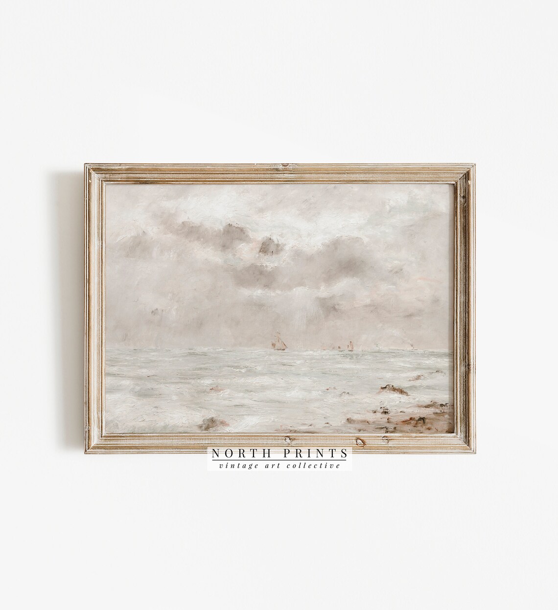 Muted Foamy Shoreline Distant Sailboat Vintage Seascape Painting Poster - Image 3