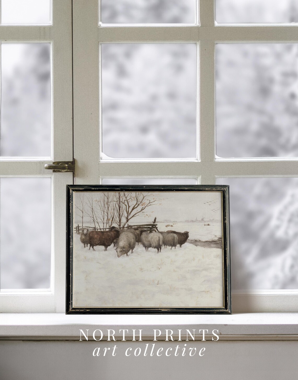 Winter Sheep Farmhouse Country Landscape Art Print - Image 4
