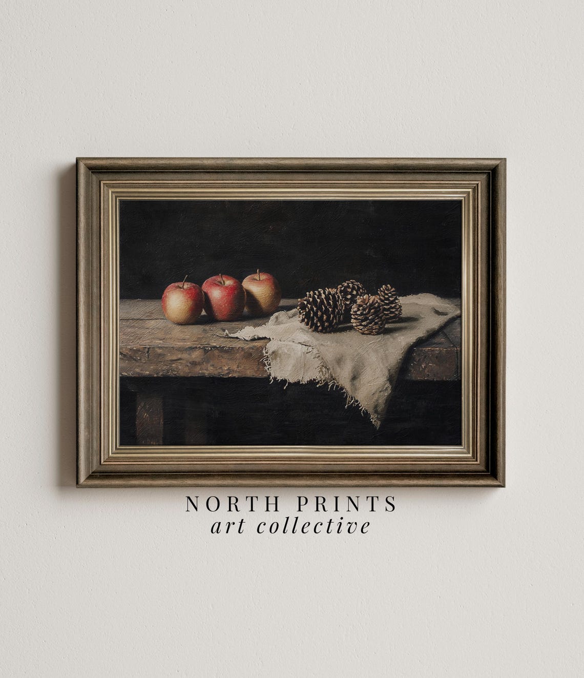Rustic Apples Pinecones Farmhouse Table Still Life Dark Art Poster
