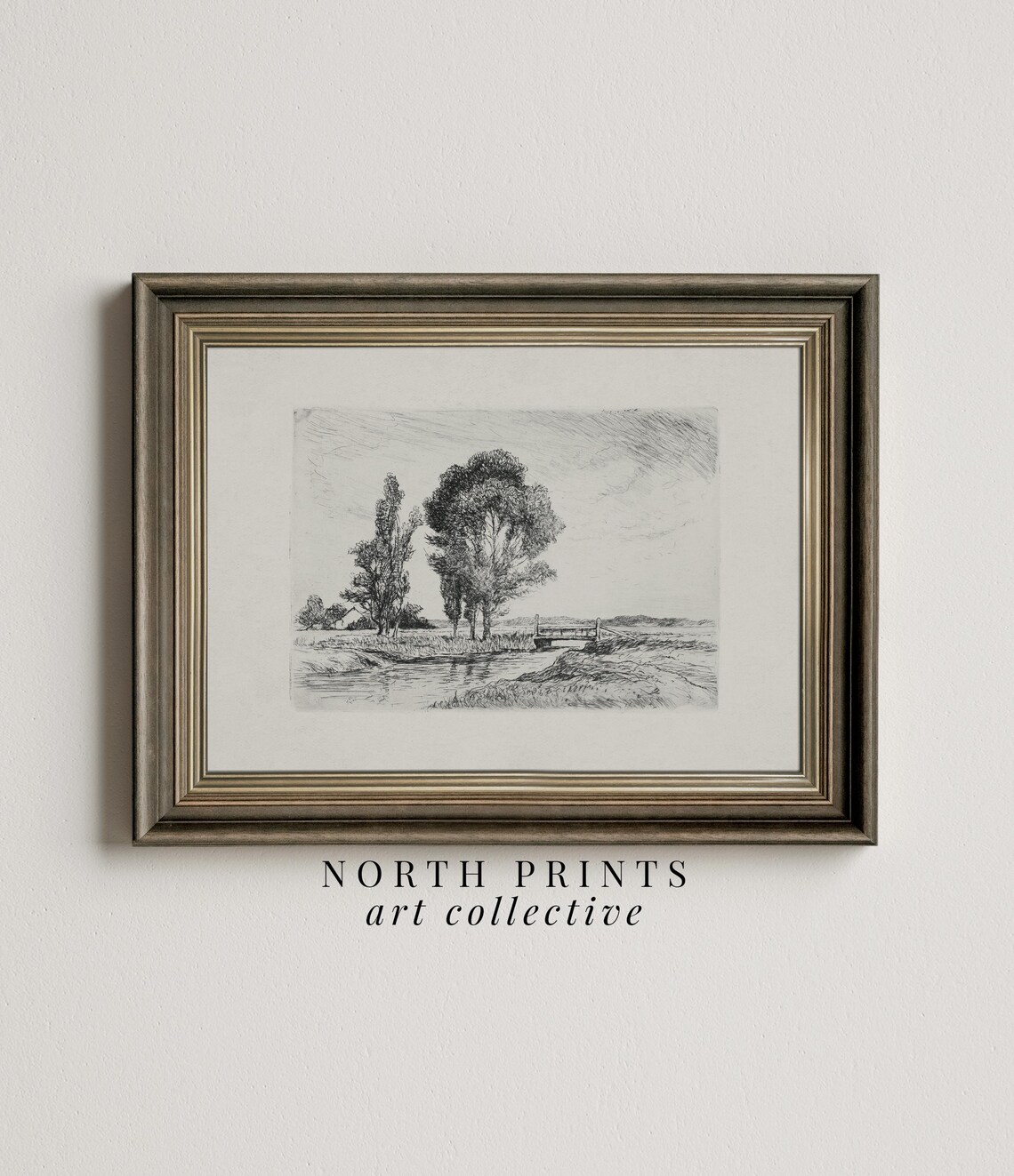 Antique Neutral Country Landscape Sketch Art Print