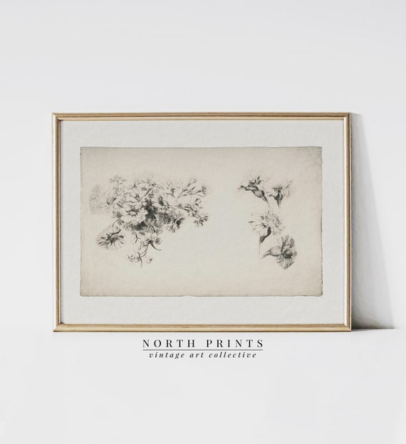 Vintage Flower Sketch Neutral Floral Drawing Print