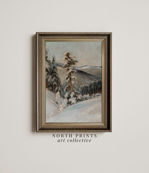 Rustic Winter Painting, Vintage Forest Landscape Art Print