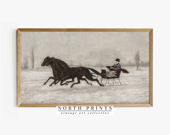 Winter Antique Horse-Drawn Sleigh Farmhouse Art Print