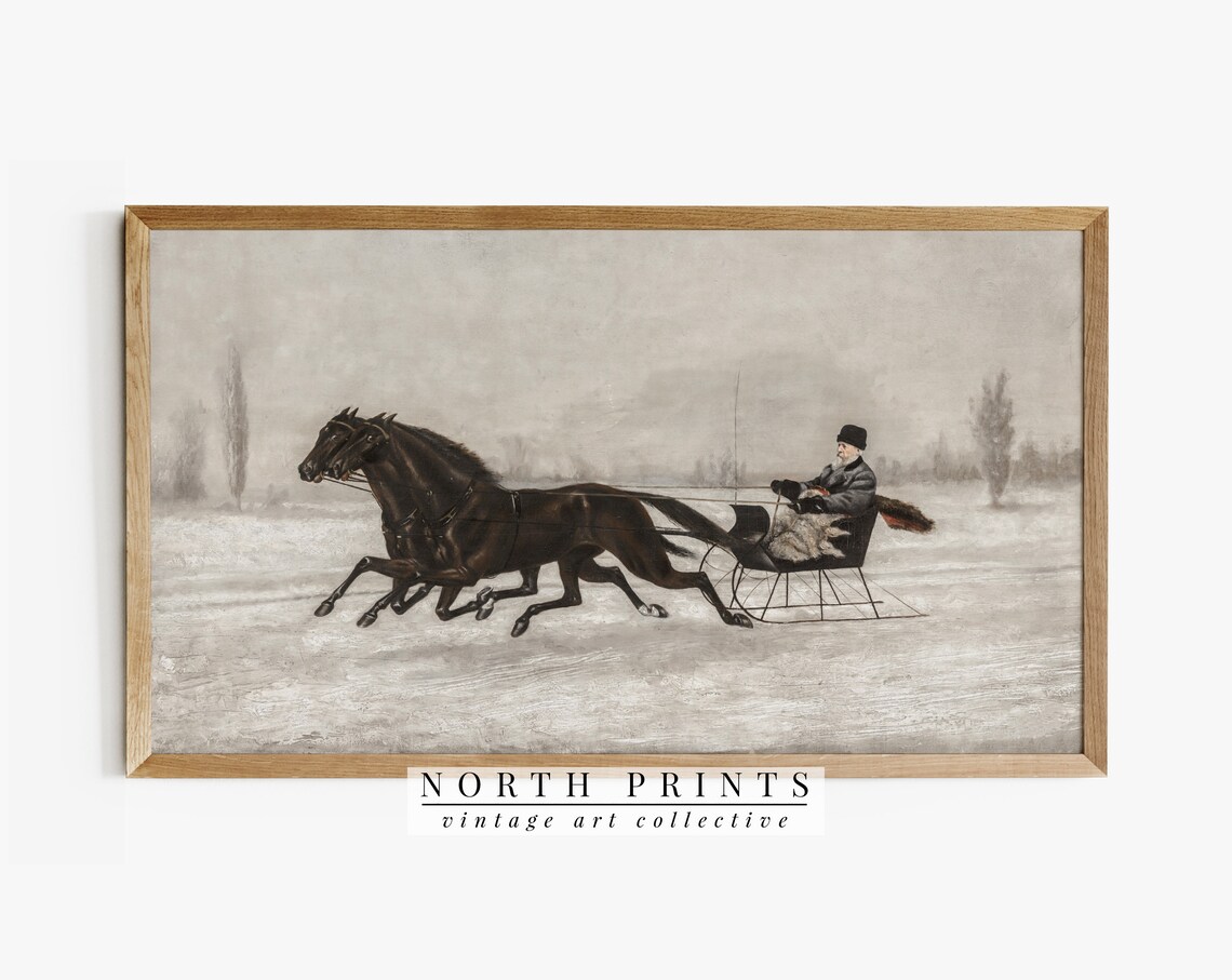 Winter Antique Horse-Drawn Sleigh Farmhouse Art Print