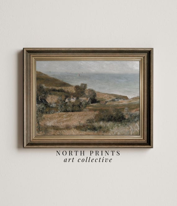 Vintage Coastal Farmhouse Painting, Antique Art Print