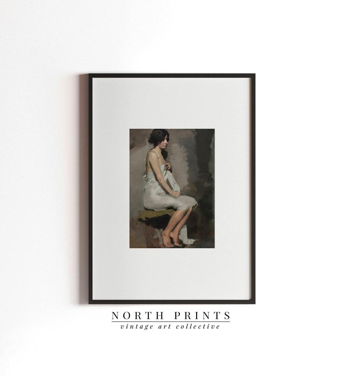 Moody Seated Woman White Drapery Vintage Oil Painting Antique Figure Print - Image 2
