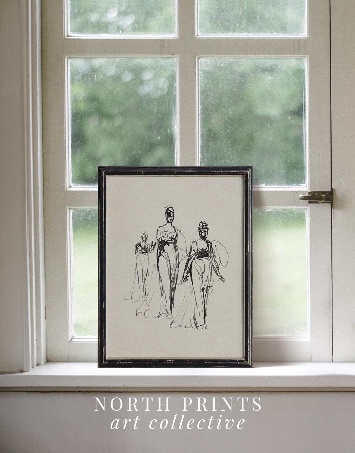 Vintage Fashion Figure Sketch Three Women Gowns Ink Drawing Neutral Wall Poster - Image 2