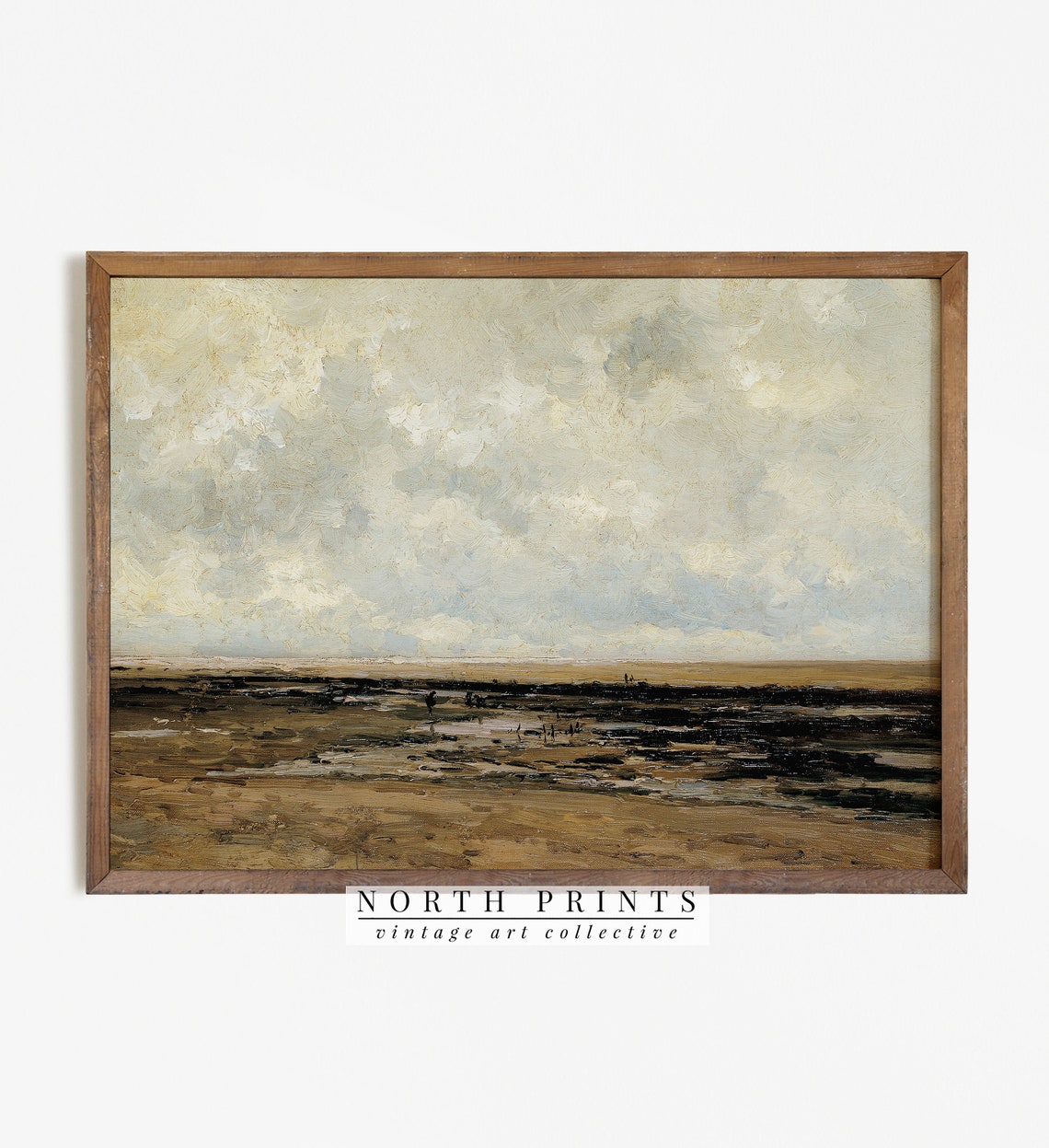 Cloudy Beach Tidal Flats Moody Seascape Vintage Travel Poster