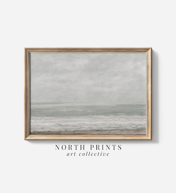Pastel Gray Seascape Soft Surf Calm Ocean Vintage Muted Coastal Wall Print