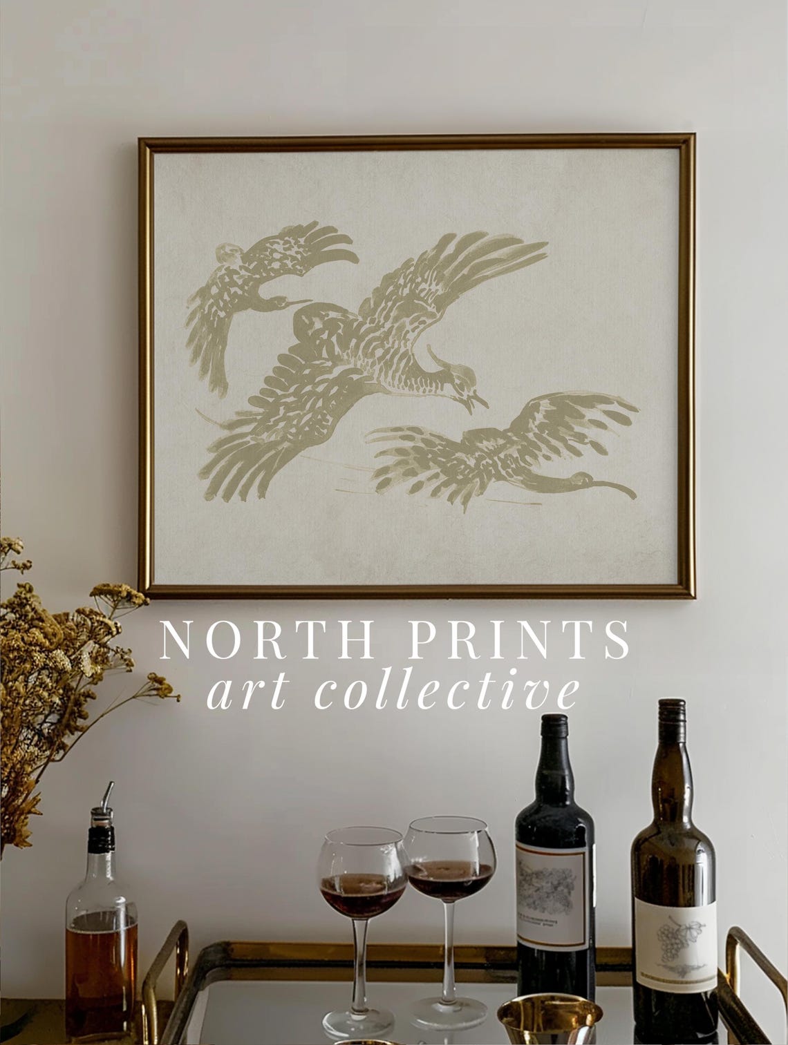 Graceful Flying Crane Birds Japandi Minimalist Neutral Poster - Image 2