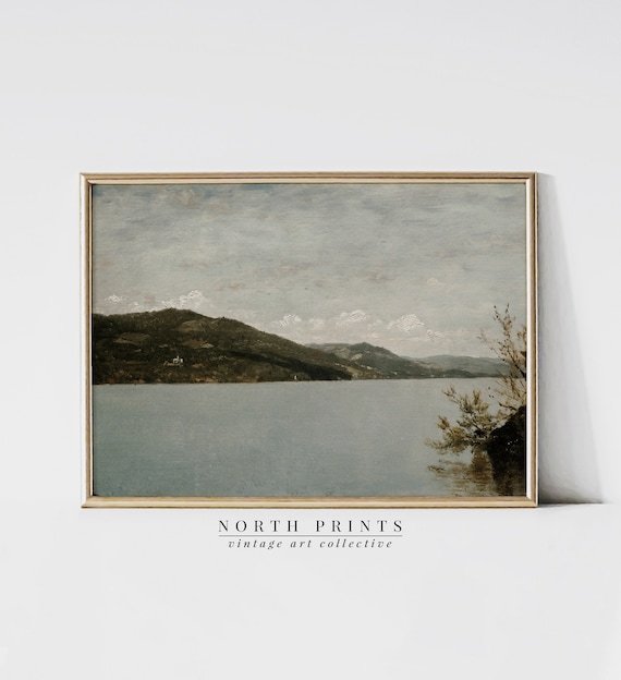Antique Lake Painting Vintage Print, Rustic Decor
