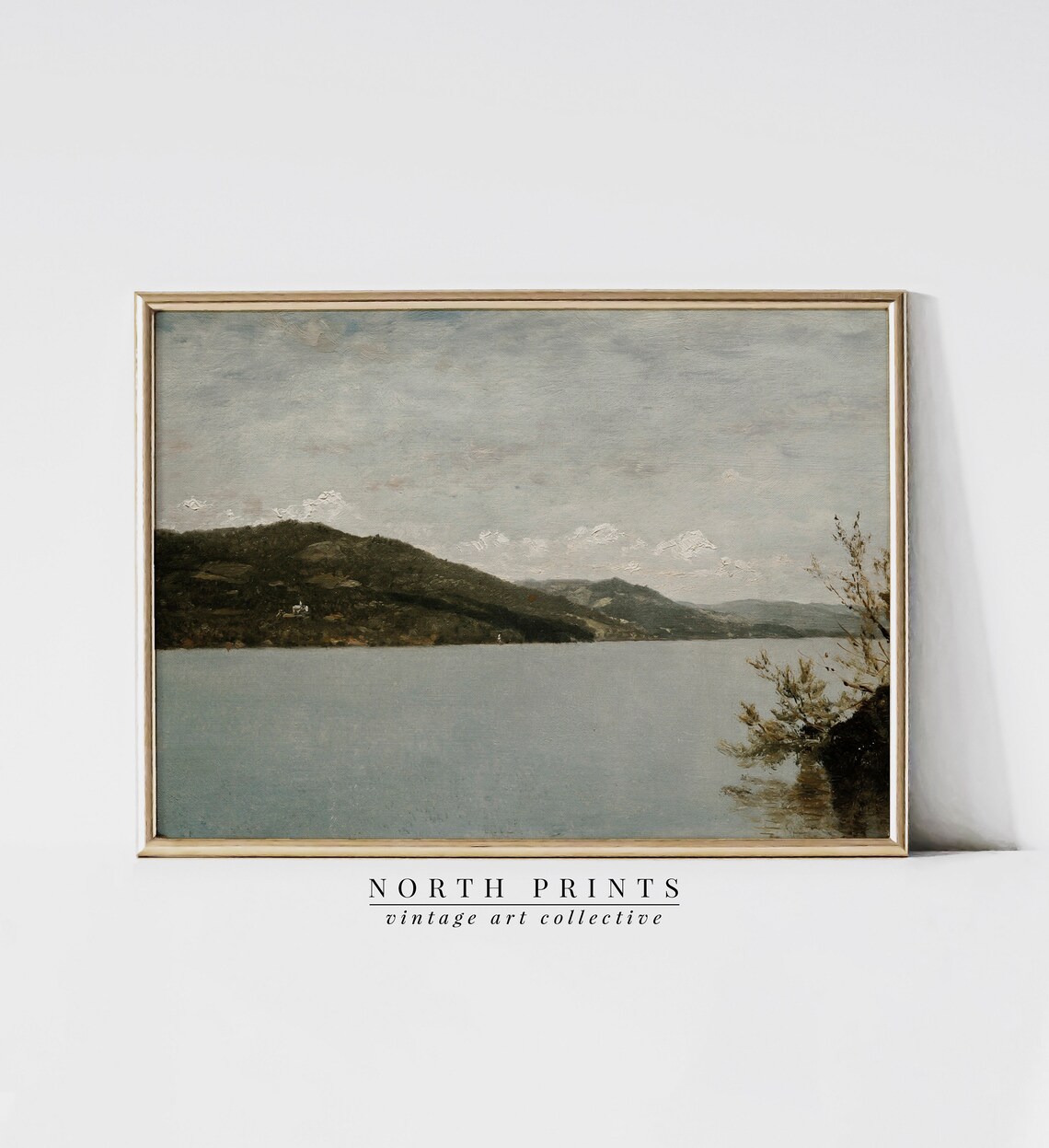 Antique Lake Painting Vintage Print, Rustic Decor