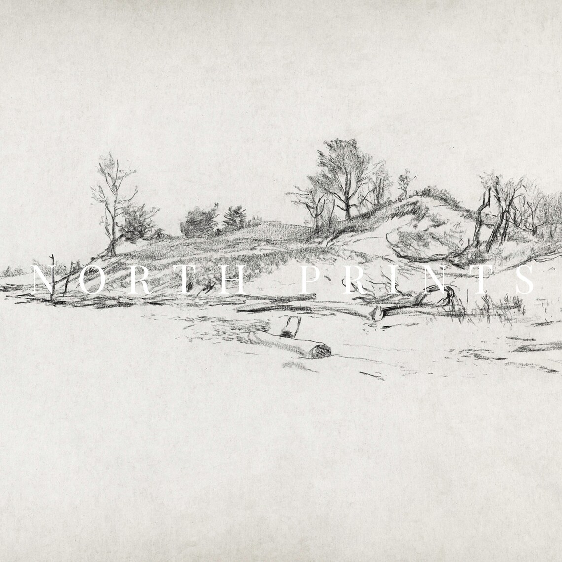 Minimalist Lake Shore Pencil Sketch Vintage Landscape Drawing Print - Image 2
