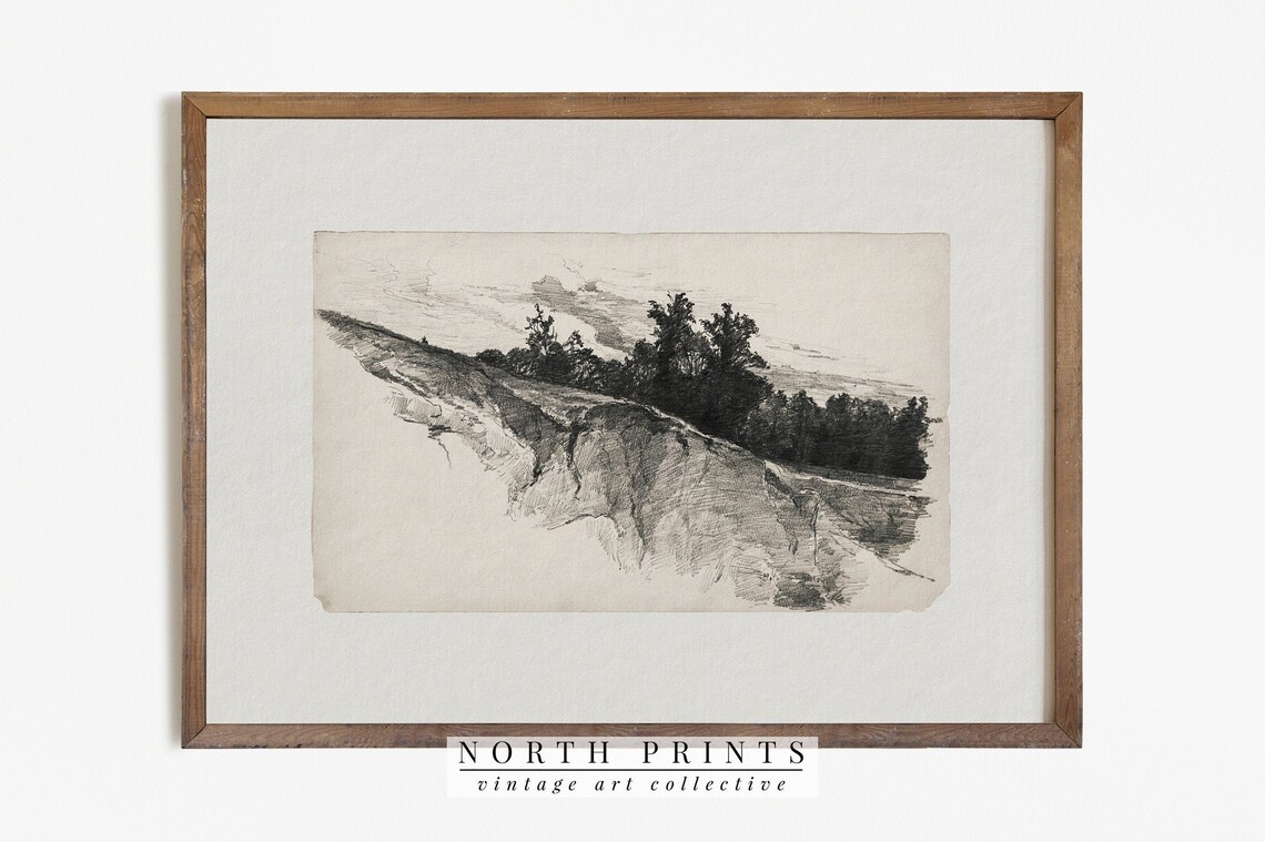 Landscape Sketch, Vintage Etching Drawing