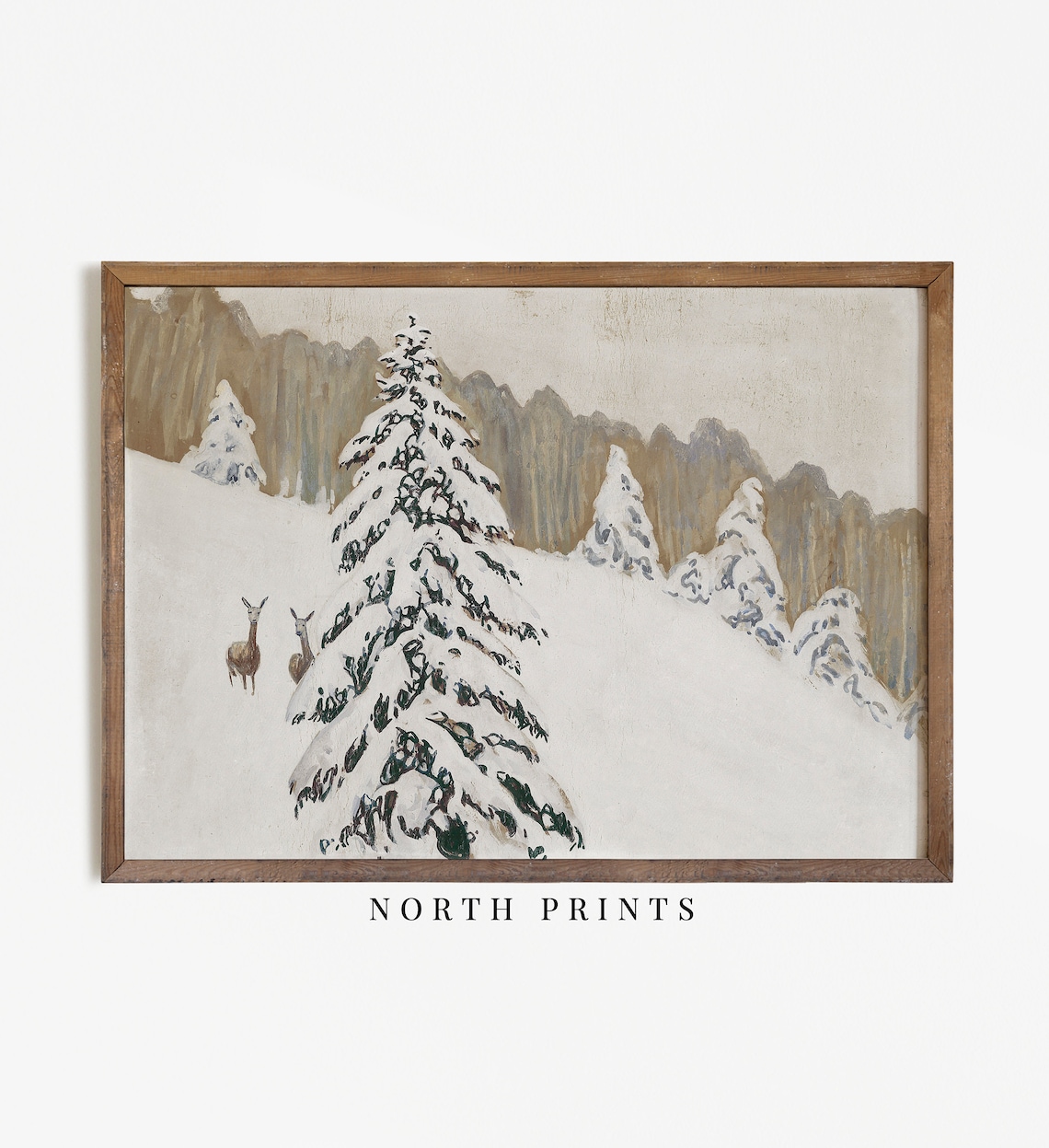 Snowy Pine Forest Deer Winter Landscape Vintage Painting Poster