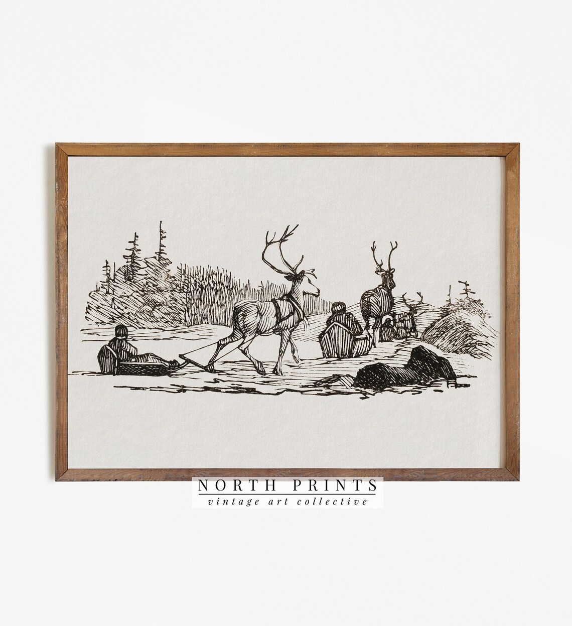 Vintage Reindeer Sketch Christmas Landscape Etching