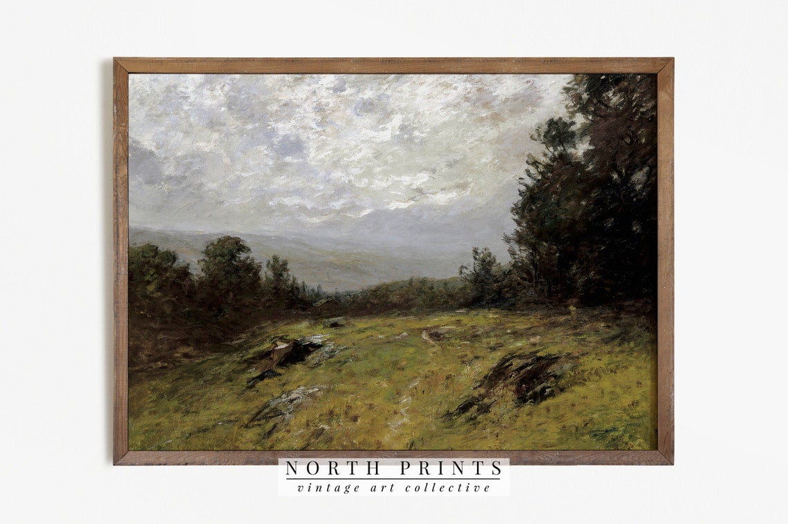 Moody Green Valley Cloudy Sky Vintage Landscape Painting Poster