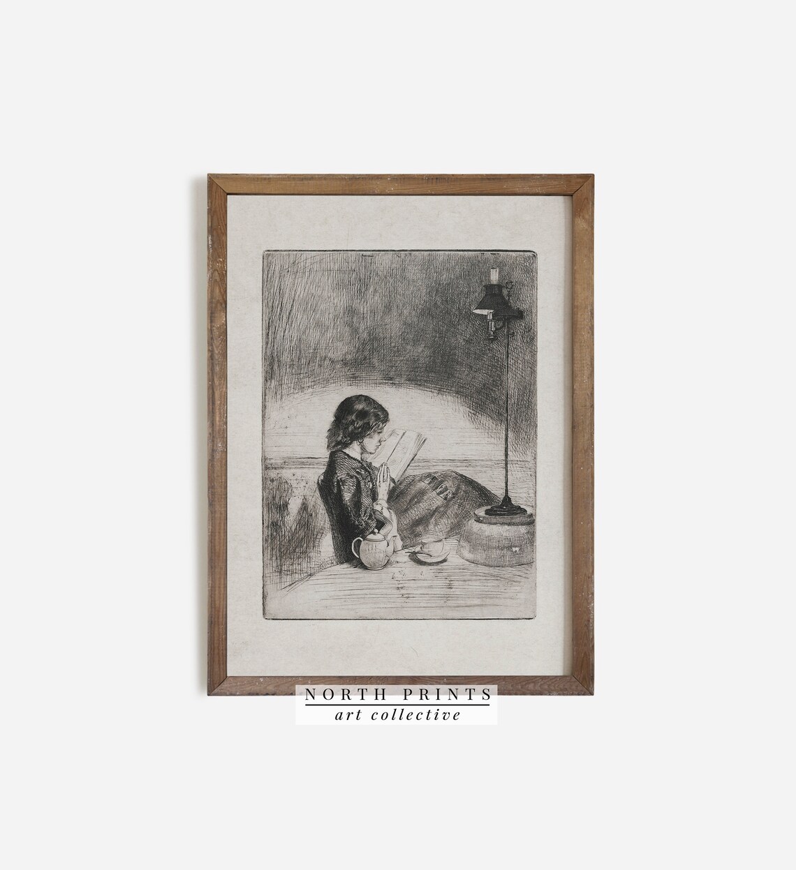 Antique Etching Woman Reading Book Lamplight Tea Vintage Poster - Image 2