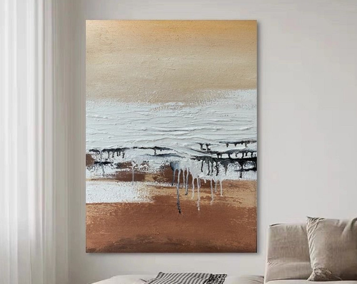Beige Sky White Ocean Wave Drip Brown Coastal Scenic Art Poster - Image 3