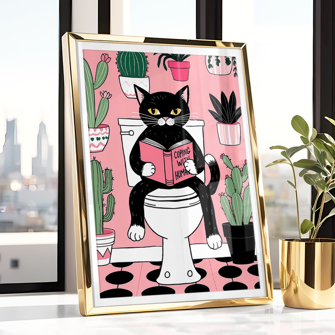Black Cat Reading Coping With Humans Funny Book Bathroom Poster - Image 3
