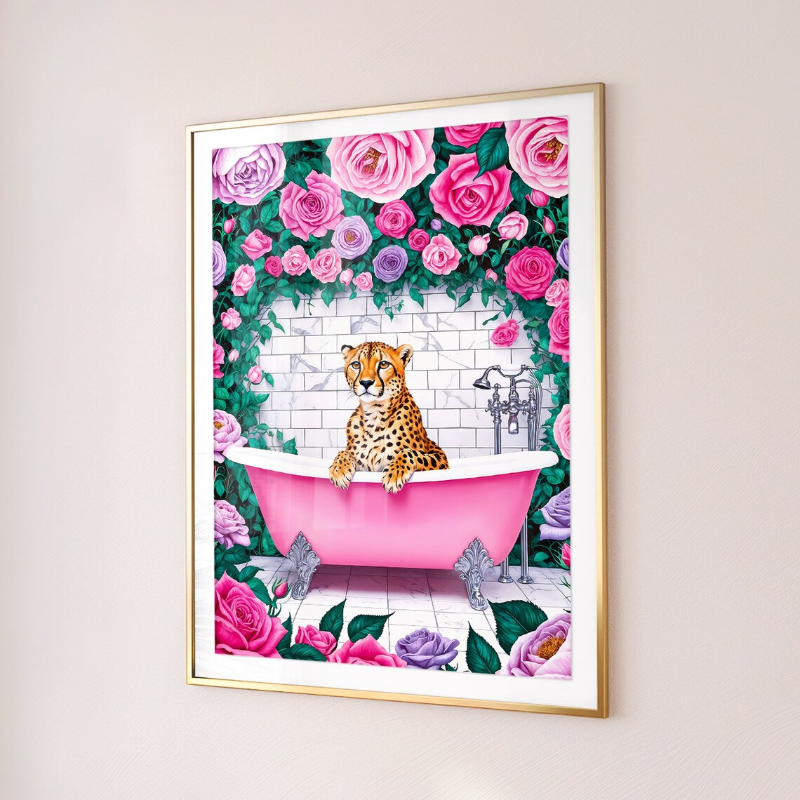Cheetah In Pink Bathtub Surrounded By Roses Bathroom Wall Poster - Image 4