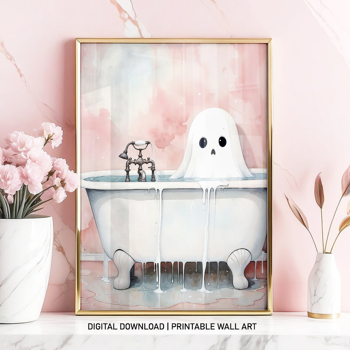 Cute Ghost In Bath Pink Halloween Bathroom Art - Image 4